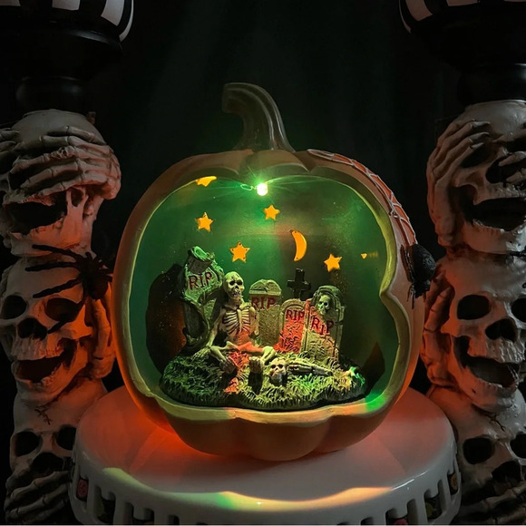 Halloween 7" Color Changing Spooky Skeleton Graveyard Scene Spiderweb Pumpkin - Picture 11 of 15